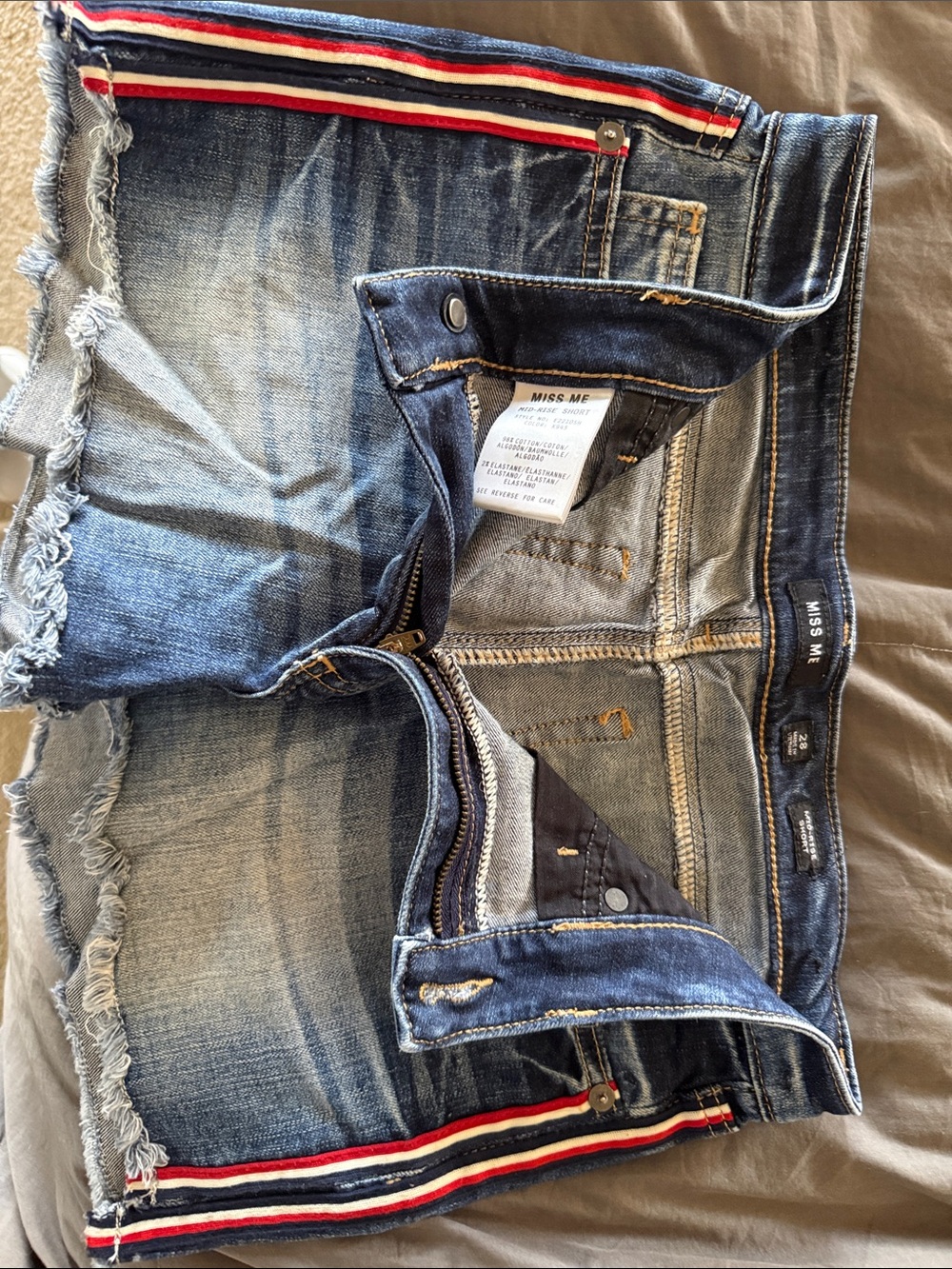 Miss Me Blue Denim Frayed Shorts with Red White Navy Trim